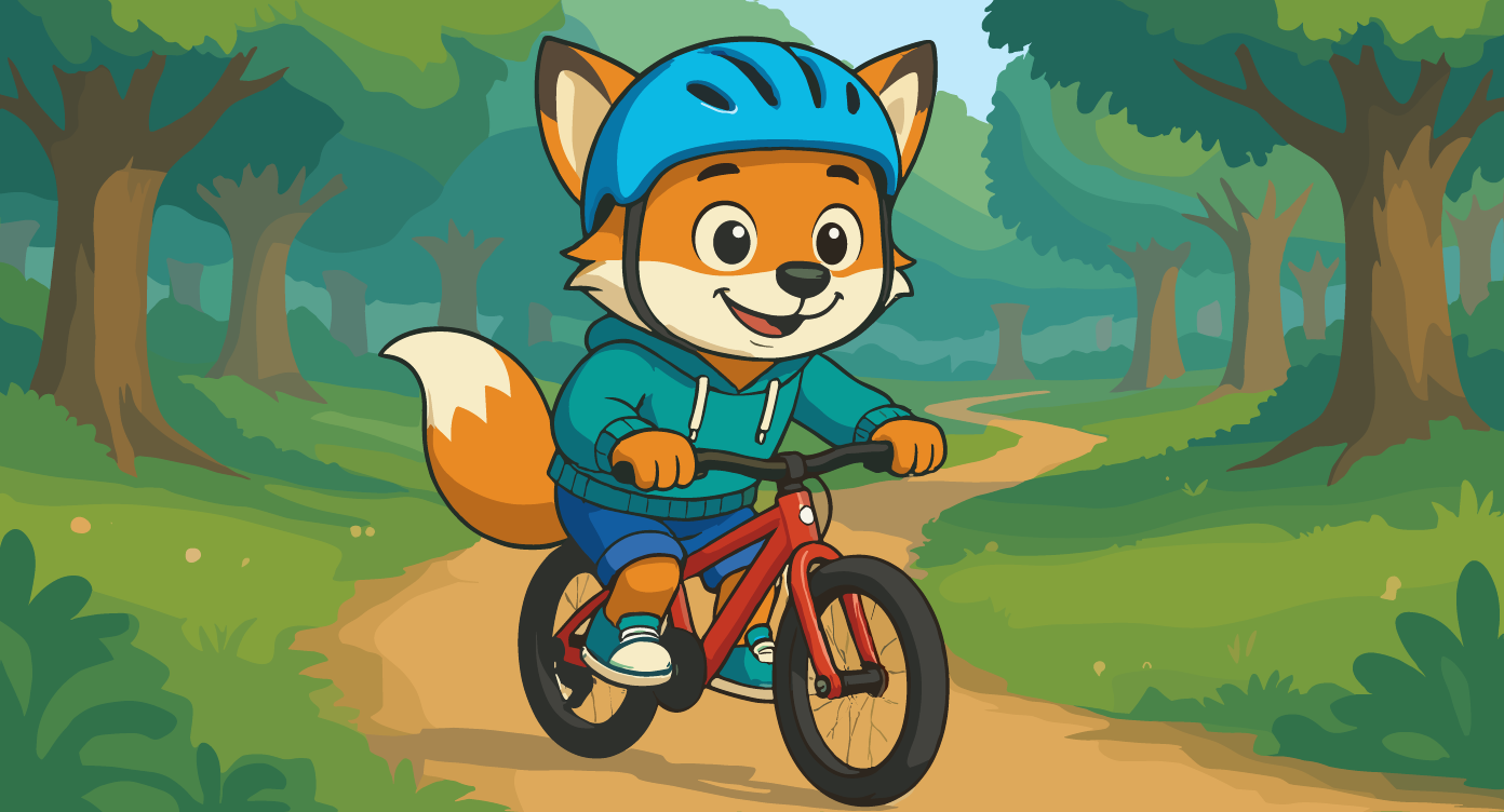 Lumi riding a bicycle joyfully, encouraging children to be active and explore the world in a health and wellness context